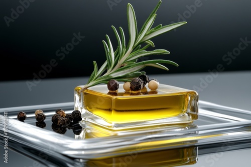 A dish of olive oil with a sprig of rosemary and peppercorns, representing Mediterranean cuisine photo