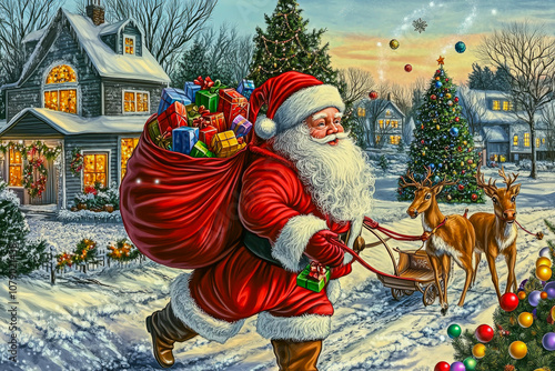 Santa Claus with a bag of gifts.
