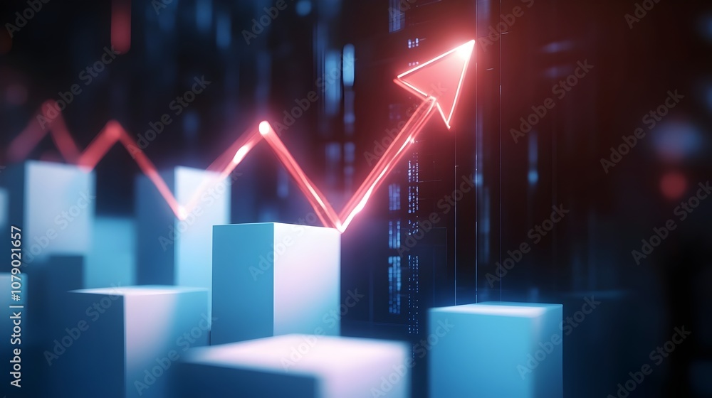 Rise up glowing arrow, representing a volatily on white blocks business chart steps on dark blue background. Business growth graph process, goal, success and economic improvement and analysis concepts Rise up glowing arrow, representing a volatily on white blocks business chart steps on dark blue background. Business growth graph process, goal, success and economic improvement and analysis concepts
