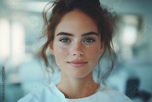 Natural Beauty Portrait Freckled Woman with Casual Makeup and Clear Skin