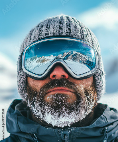 a man wearing ski goggles that display mountains.