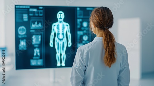 longevity lifestyle vitality.  A healthcare professional analyzes patient data displayed on a digital screen, featuring a human body diagram with various health metrics.