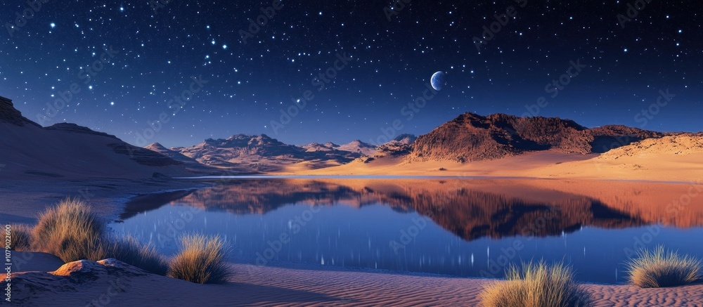A crescent moon shines in the night sky over a tranquil desert lake, with stars reflecting in the water. A crescent moon shines in the night sky over a tranquil desert lake, with stars reflecting in the water.