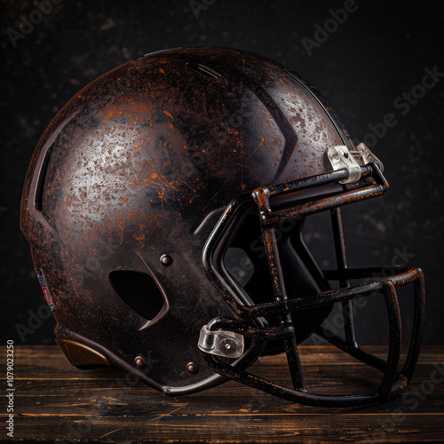 Vintage American football helmet with distressed leather finish, showcasing unique design and texture. Perfect for sports enthusiasts and collectors photo