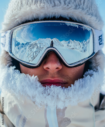 a man wearing ski goggles that display mountains.