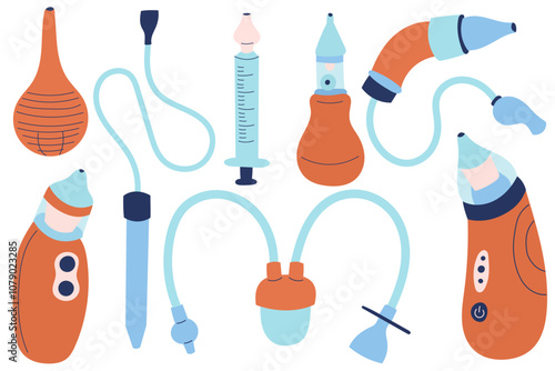 Set of nasal aspirator and nose cleaner. Kids or baby vacuum suction nasal aspirator. Influenza prevention concept
