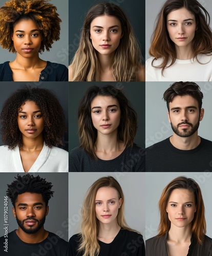 A Headshot compilation of a group of fictional people. All People are from different backgrounds, religions, age, ethnicity and gender showcasing diversity and freedom. AI generated. 