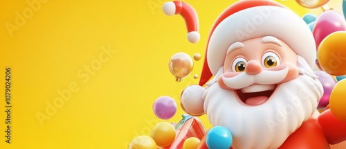 A cartoonish image of Santa Claus with a yellow background