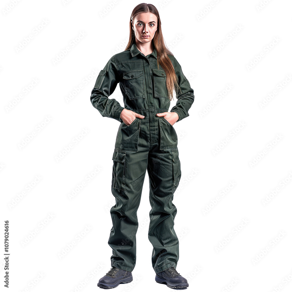 Full body shot of a determined female mechanic in a dark green uniform, exuding confidence. Cut out or PNG. Full body shot of a determined female mechanic in a dark green uniform, exuding confidence. Cut out or PNG.