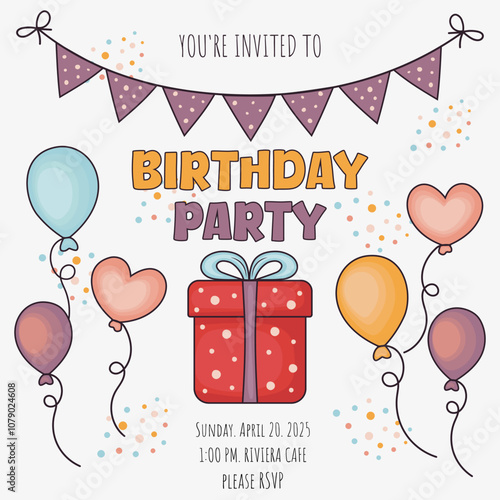 Birthday invite card. Birthday anniversary greeting card and kid party invitation template with gift box and balloons for children vector illustration
