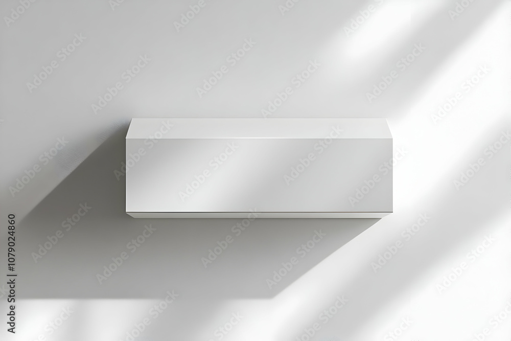 White rectangular shelf on a white wall with sunlight casting shadows. White rectangular shelf on a white wall with sunlight casting shadows.