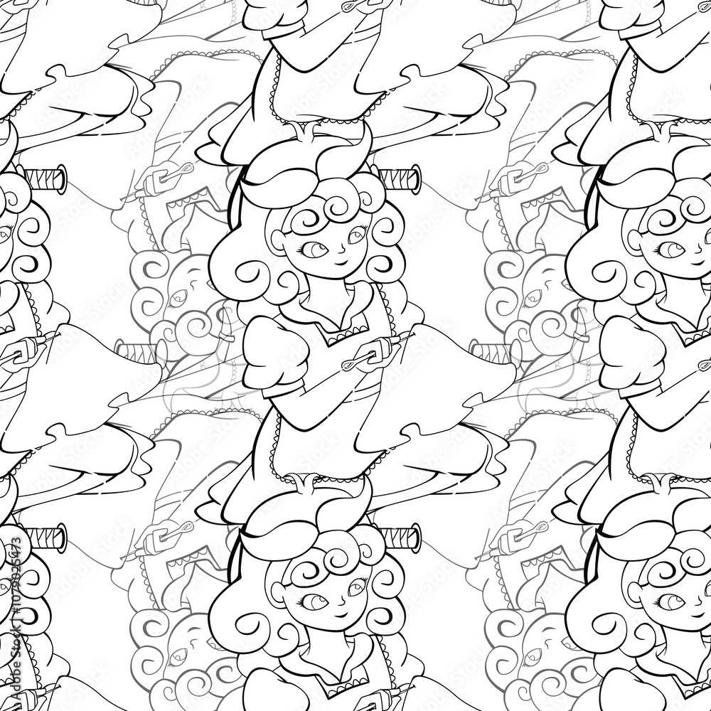Fototapeta premium The Little Seamstress Repeat Seamless Surface Pattern Design for Coloring Page