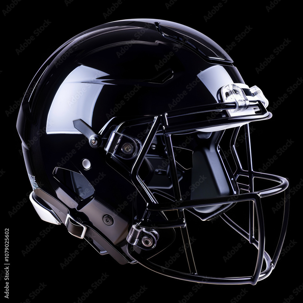 Fototapeta premium Glossy black American football helmet with ultra smooth finish, showcasing sleek design and modern features. Perfect for sports enthusiasts and collectors
