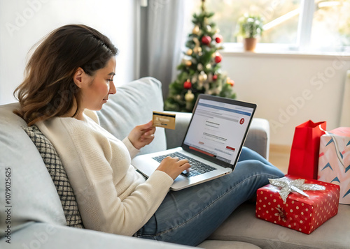 Woman, laptop and credit card, online shopping for Christmas and fintech with payment for gift and bank app. Female person on sofa, internet banking on pc and finance, e commerce for holiday present