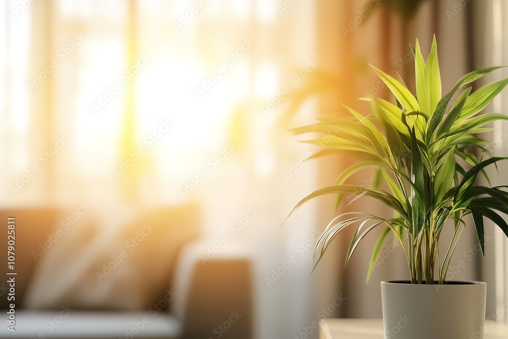 A potted plant sits on a table in a living room A potted plant sits on a table in a living room