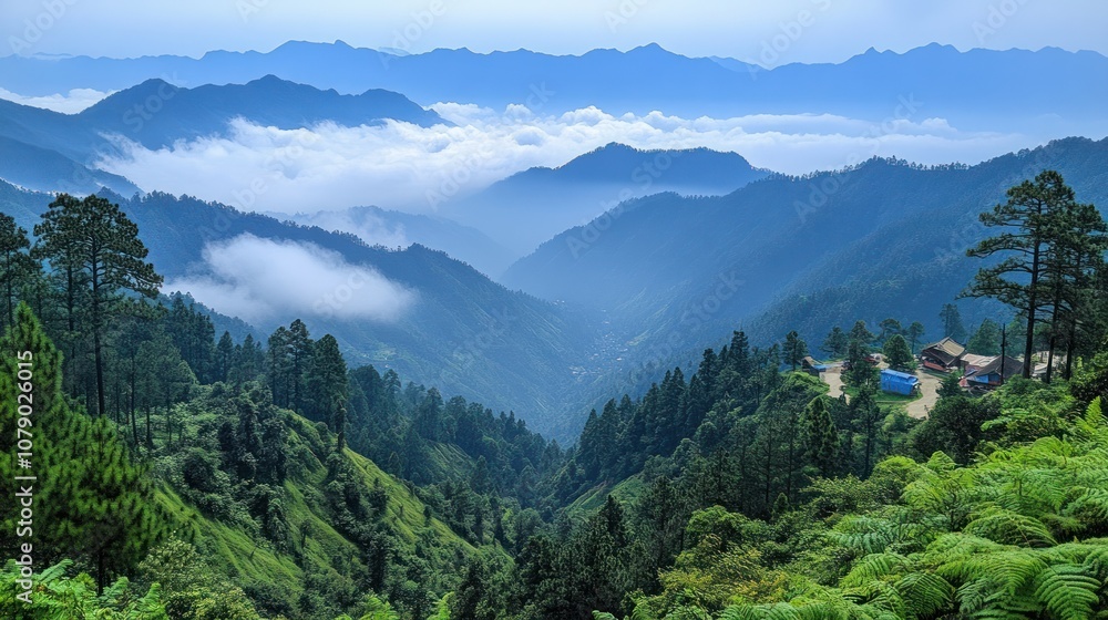 Misty mountain valley with lush greenery. Misty mountain valley with lush greenery.