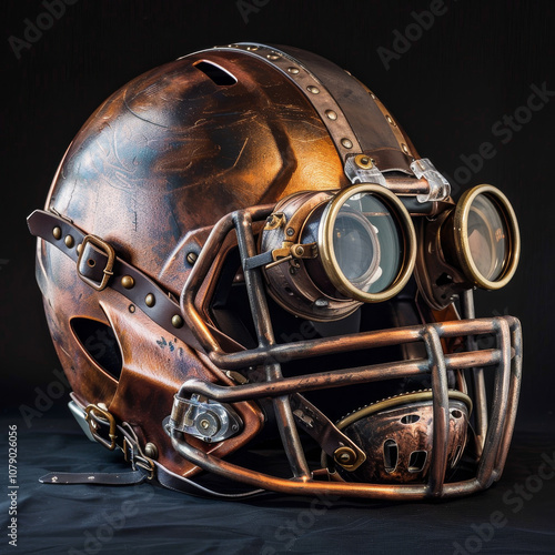 Steampunk American football helmet with vintage brass goggles, showcasing intricate metalwork and unique design. Perfect for collectors and enthusiasts