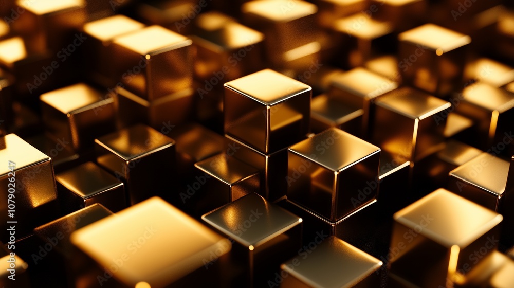 Layers of golden cubes protruding from a dark, shadowy background, creating an immersive, high-end geometric illusion. The lighting highlights the metallic textures in an elegant way. Layers of golden cubes protruding from a dark, shadowy background, creating an immersive, high-end geometric illusion. The lighting highlights the metallic textures in an elegant way.