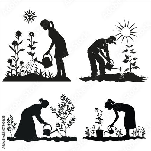 Girl Watering Plant Care Silhouette