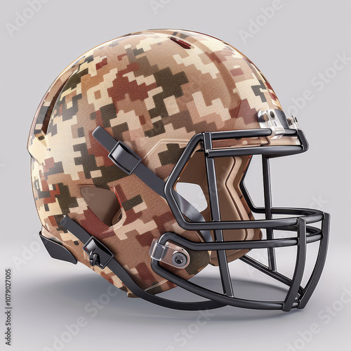 American football helmet with digital camouflage pattern, showcasing unique design that blends functionality and style. Perfect for sports enthusiasts and collectors photo