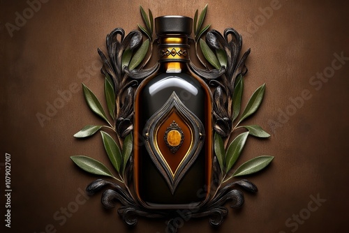 A retro-inspired illustration of an olive oil bottle, styled like a Mediterranean print with aged colors photo