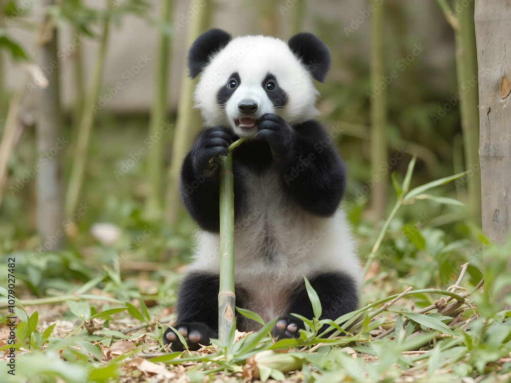 Obraz premium Cute baby panda eating bamboo in the forest