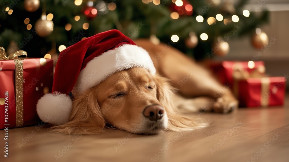 A golden retriever wearing a Santa hat sleeps peacefully near a Christmas tree and presents A golden retriever wearing a Santa hat sleeps peacefully near a Christmas tree and presents