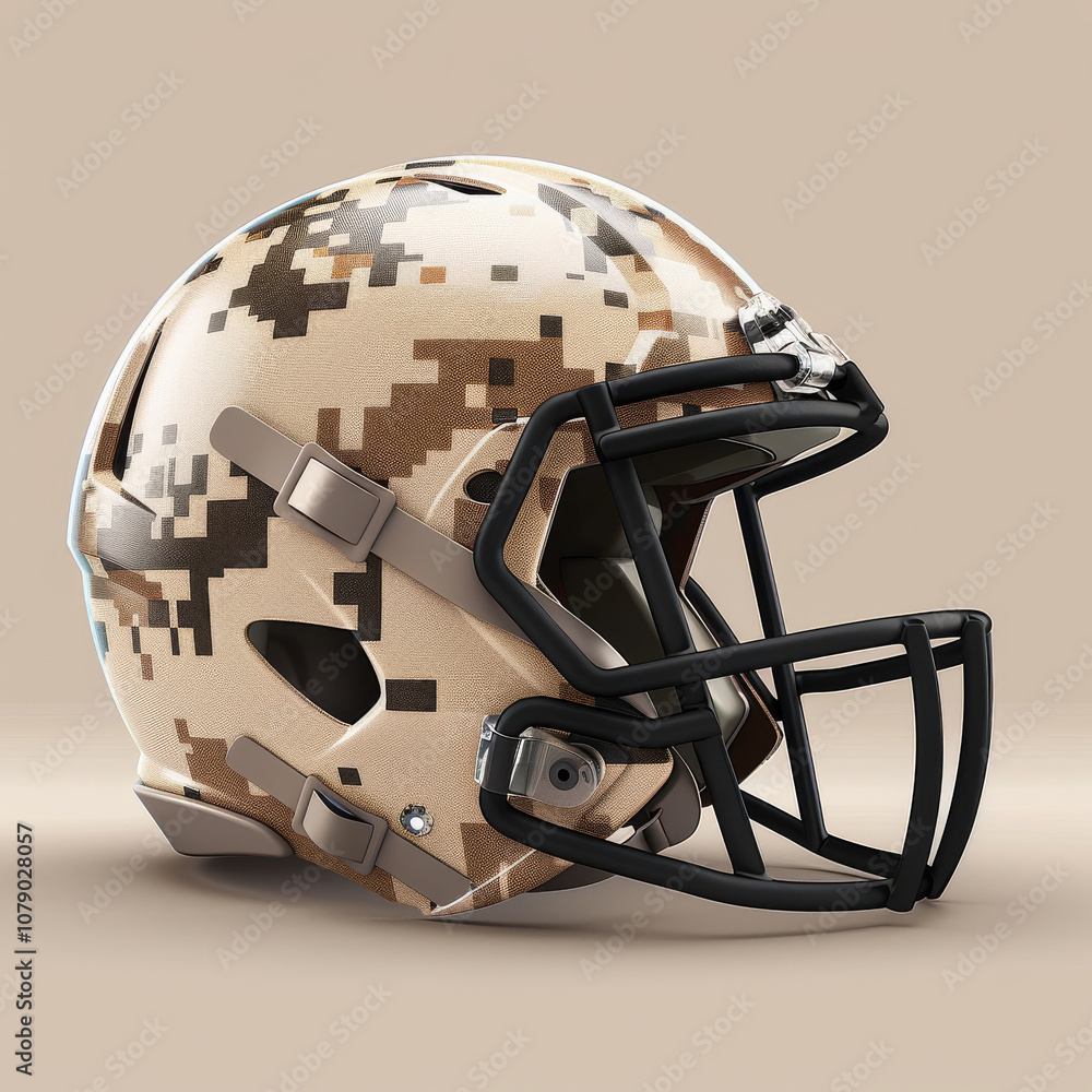 American football helmet with digital camouflage design in arid tones, showcasing modern and tactical aesthetic. Perfect for sports enthusiasts and collectors American football helmet with digital camouflage design in arid tones, showcasing modern and tactical aesthetic. Perfect for sports enthusiasts and collectors