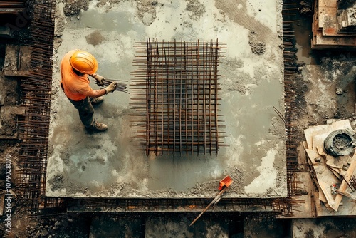 Construction worker shaping rebar grid in concrete foundation at building site during daytime work photo