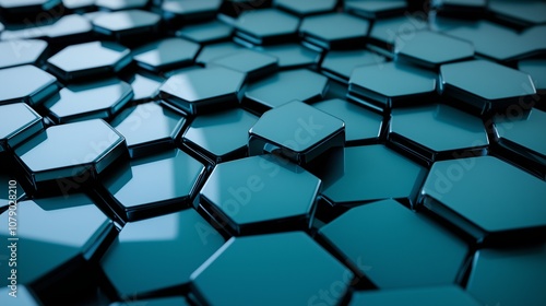 Overlapping hexagonal shapes in shades of deep blue and teal, arranged in a symmetrical grid, catching light to create a glossy effect, reminiscent of modern architecture.