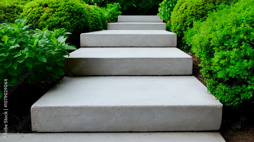 concrete steps in garden, the bushes and trees are on both sides of concrete steps