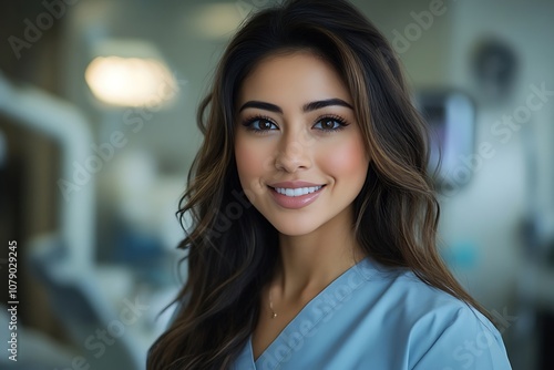 Smiling Female Doctor Headshot in Scrubs with Long Hair