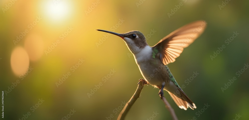Naklejka premium A hummingbird is perched on a branch with its wings spread