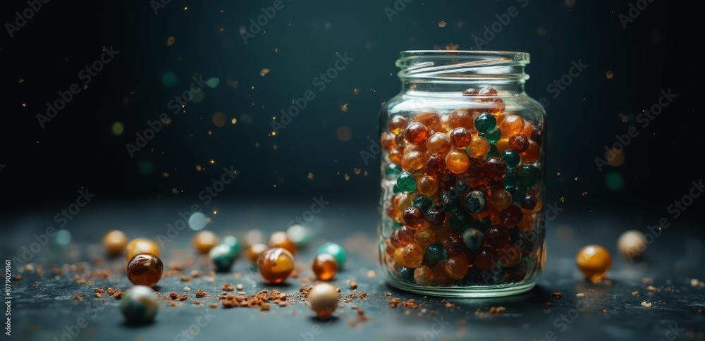 A glass jar filled with colorful marbles on a table A glass jar filled with colorful marbles on a table