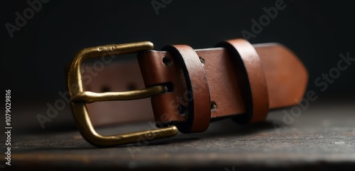 A brown leather belt with a brass buckle on a wooden surface