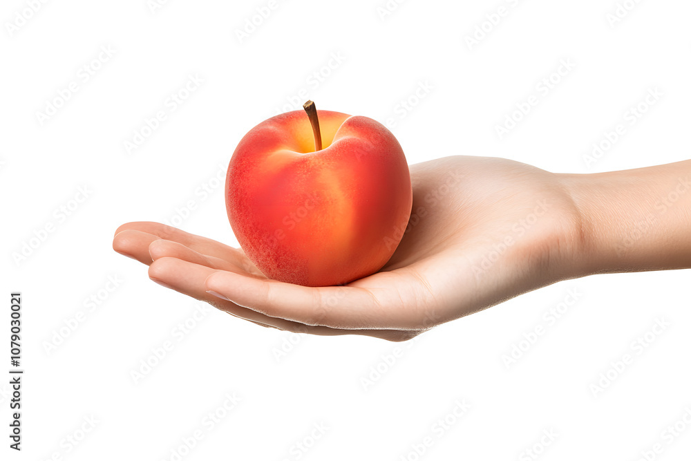 Closeup fresh peach in a human hand isolated on white background Closeup fresh peach in a human hand isolated on white background