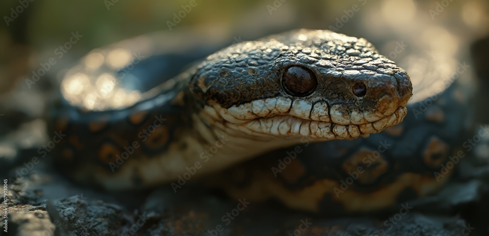 A close up of a snake on the ground A close up of a snake on the ground