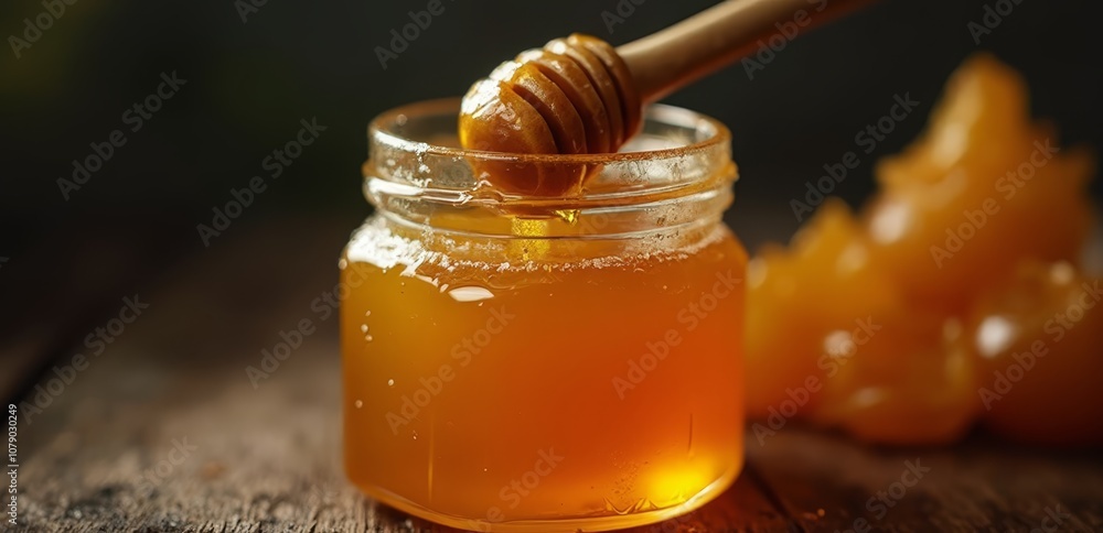 A jar of honey with a wooden spoon in it A jar of honey with a wooden spoon in it