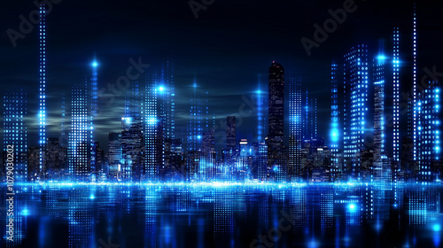 Floating Data Points Over City Skyline Abstract Background