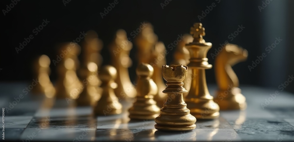 A group of gold chess pieces on a chess board A group of gold chess pieces on a chess board