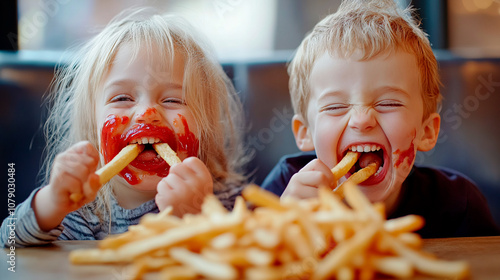 Two young kids are eating French fries
