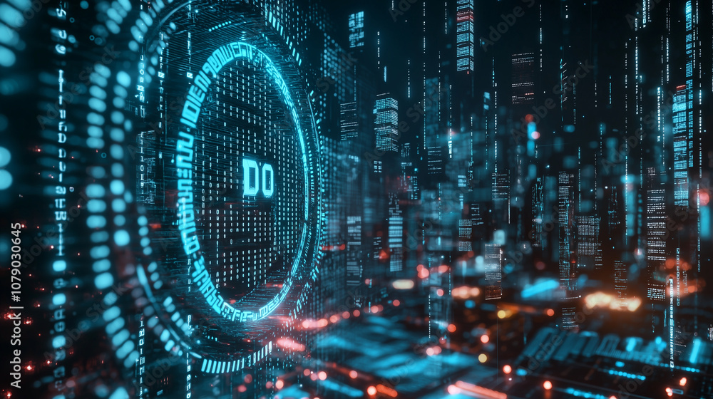 Fototapeta premium Digital Metropolis with Encryption Codes Representing Data Security