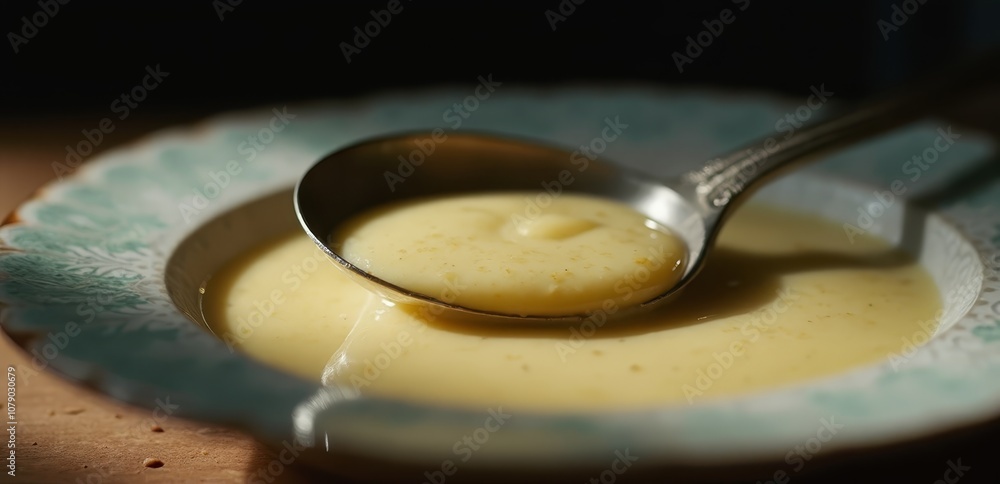 A bowl of soup with a spoon in it A bowl of soup with a spoon in it