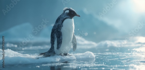 A penguin standing on top of an ice floer