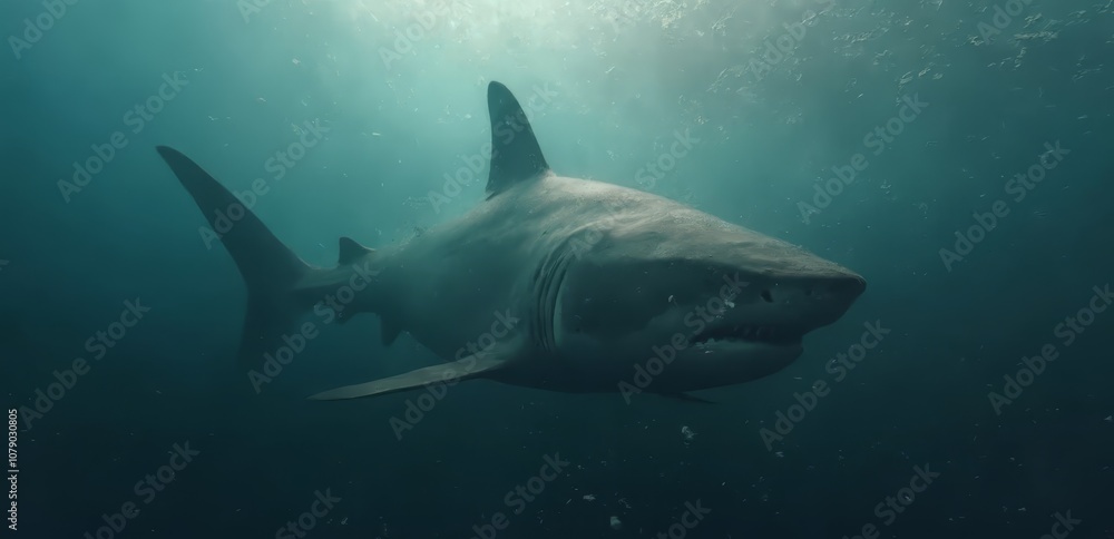 A great white shark swimming in the ocean with its mouth open A great white shark swimming in the ocean with its mouth open