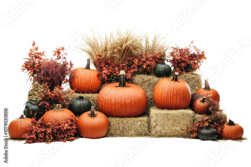 A lively autumn market display featuring a variety of large, ripe orange pumpkins nestled among hay bales and seasonal decorations. The scene is filled with the essence of fall photo