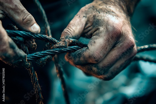 A close-up of a person's hands skillfully tying strong, dirty ropes under low light, showcasing craftsmanship and manual labor