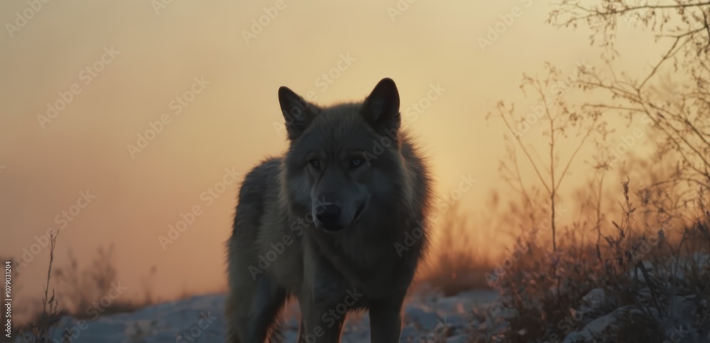 A wolf standing in the snow at sunset A wolf standing in the snow at sunset
