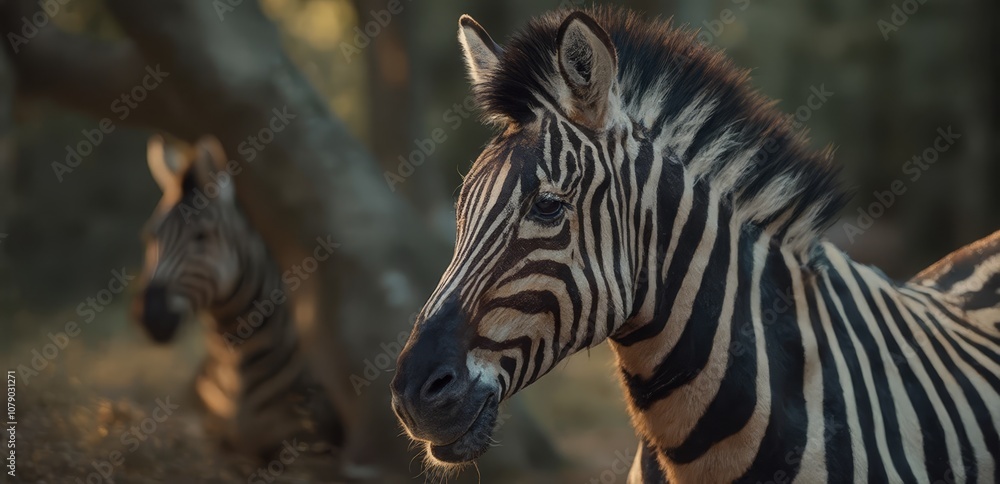 Fototapeta premium A zebra standing next to a baby zebra in a field