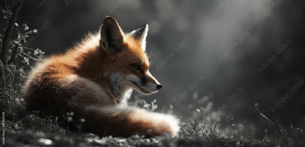Obraz premium A red fox laying down in the grass